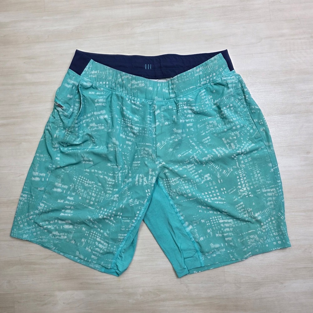 Lululemon Mens Athletic Shorts Teal Green Abstract Grid Print Size Large